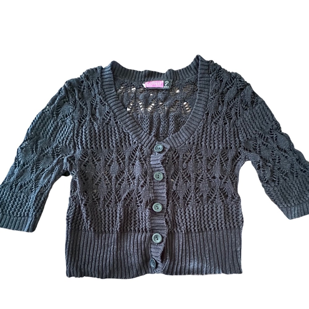 Say What Black Pointelle Knit Cardigan Y2K Cropped Button Front Sweater Large - Picture 2 of 5